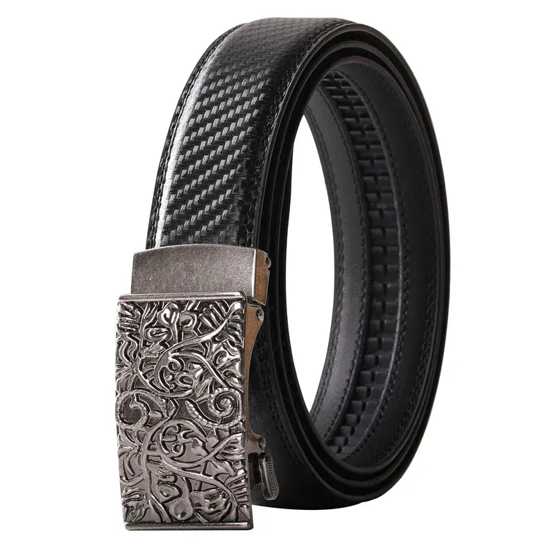 Vintage Floral Leather Ratchet Belt Elegant leather ratchet belt with vintage floral design buckle.