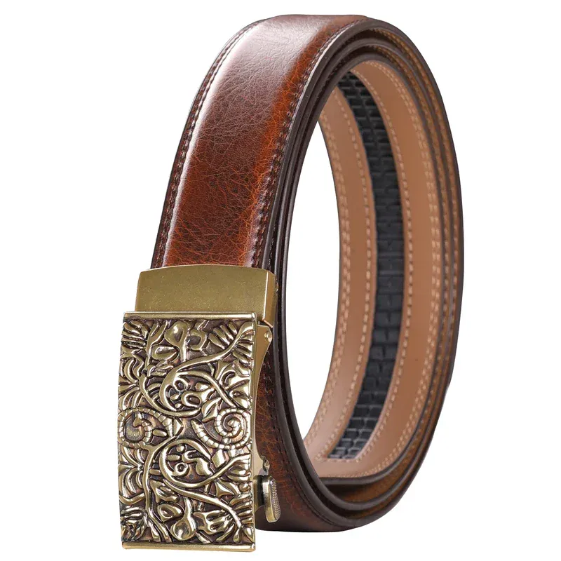 Elegant Vintage Leather Ratchet Belt with Floral Design Vintage floral leather ratchet belt with automatic buckle for a stylish fit.