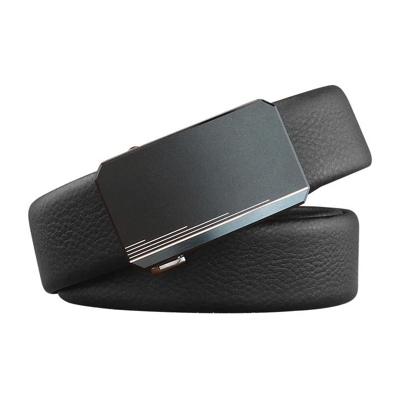 Slim black leather belt with a hidden-tail ratchet buckle, matte finish, suitable for formal or casual wear.