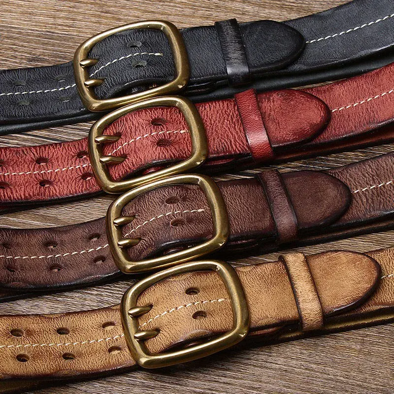 Vintage Men’s Double Prong Cowhide Belts – Set of 4 High-quality leather men's belts with double prong buckles in black, red, dark brown, and tan. Handm.