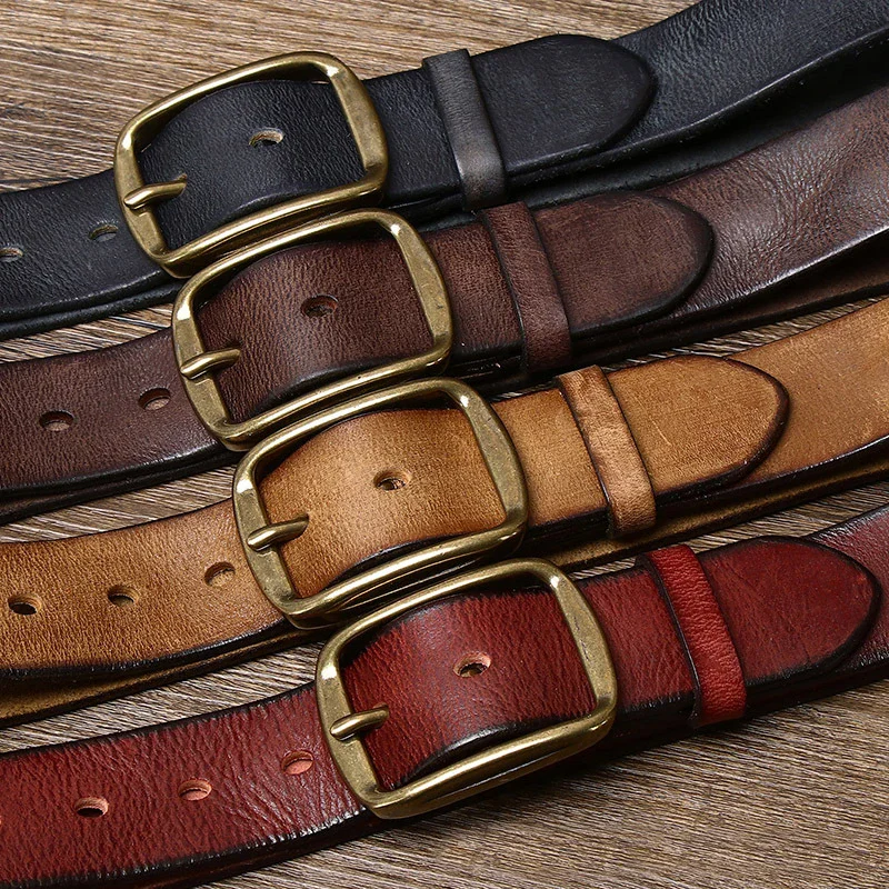 Leather Casual Jeans Belt for Men with Copper Buckle – Multiple Colors Genuine leather men's belt with a 3.8cm thick cowhide strap and vintage copper buckle, perfect for c.
