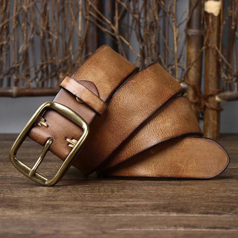 Leather Casual Belt for Men with Copper Buckle High-quality genuine leather men's belt with vintage copper buckle, 3.8cm thick, perfect for casual.