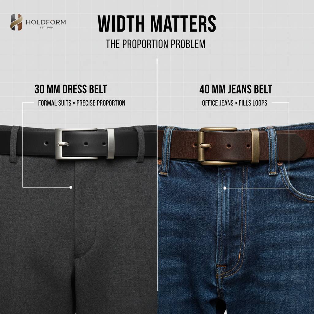 Comparison of 30mm dress belt and 40mm jeans belt for style and function.