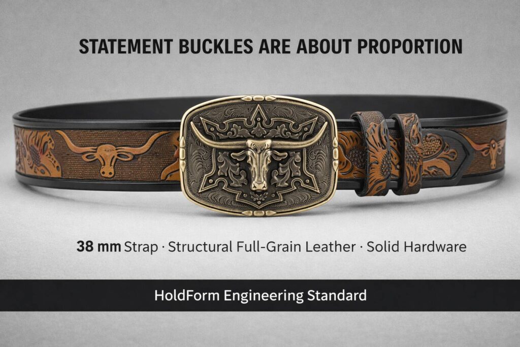 Buckle with bull head design on a leather belt for statement style.