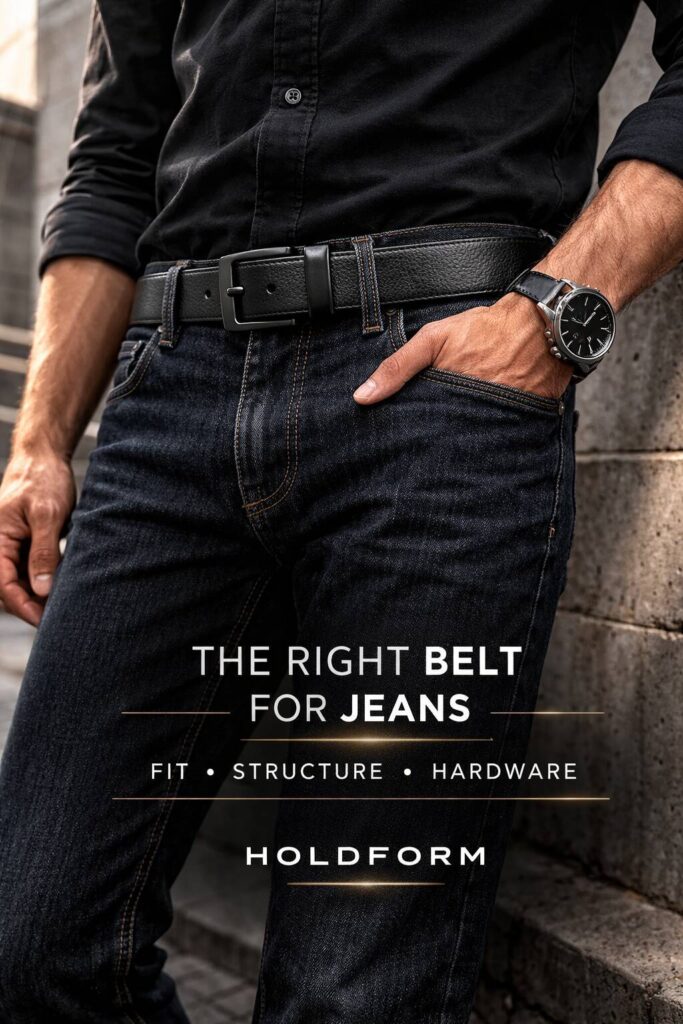 High-quality leather belt with a sturdy buckle, perfect for jeans and everyday wear.
