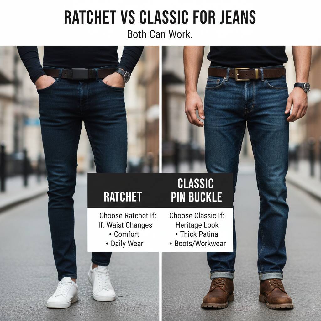 Comparison of ratchet and classic belts for jeans, highlighting features and suitability.
