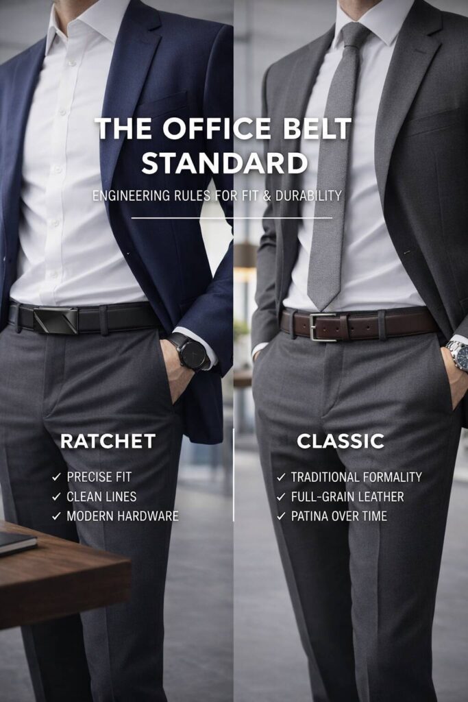 Classic office belt in black and brown for suits and business casual outfits.