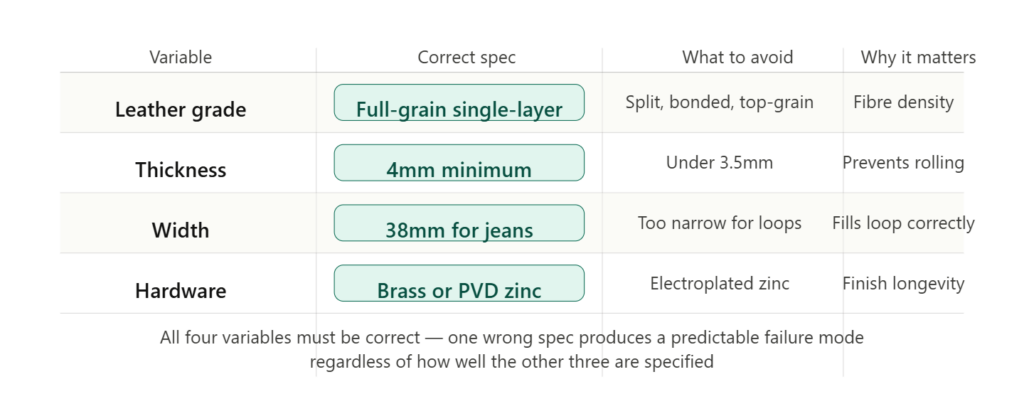 Four-variable everyday belt specification table showing leather grade, thickness, width and hardware with correct spec and what to avoid