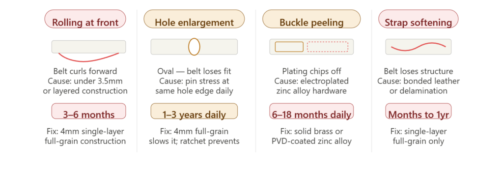 Four everyday belt failure modes showing rolling, hole enlargement, buckle finish peeling and strap softening with construction cause and timeline