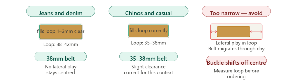 Belt width matching guide for everyday wear showing 38mm for jeans, 35 to 38mm for chinos, and too-narrow belt causing lateral migration
