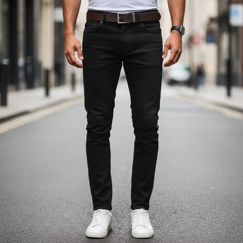 Man wearing black jeans, brown belt, and white sneakers on city street.