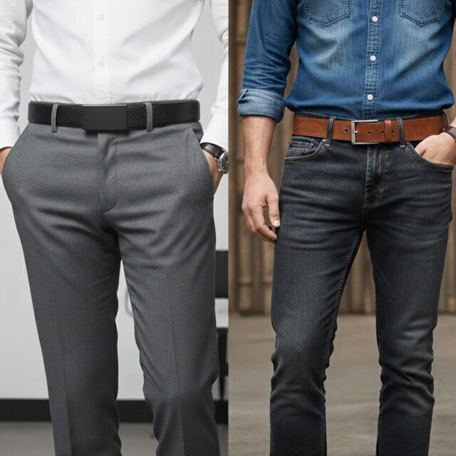 Close-up of dress pants with a ratchet belt for a sleek, modern look.