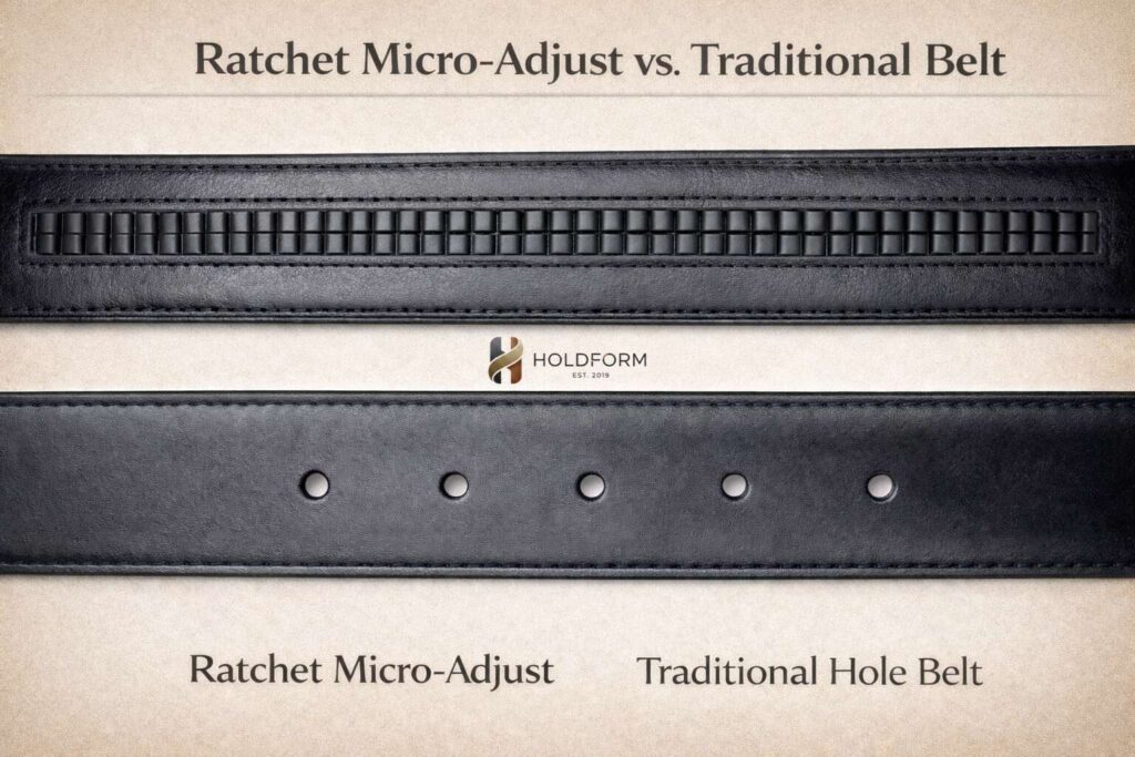 Black leather ratchet belt with a modern buckle and slim profile for versatile use.