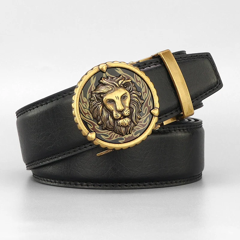 Luxury Lion Belt with Gold Buckle Lion head belt buckle in gold with black leather strap.