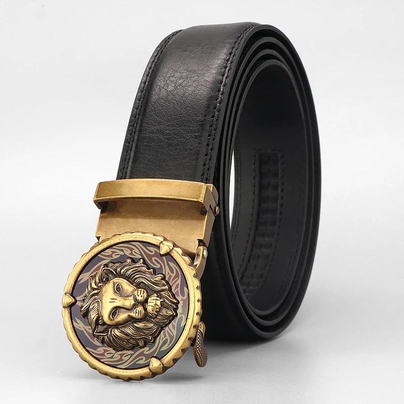 Luxury Lion Belt with Gold Buckle for Men Elegant men's leather belt with a detailed lion head buckle in gold finish.