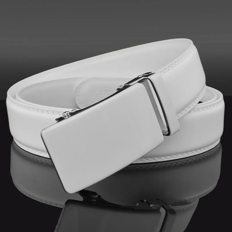 High Quality White Leather Belt Elegant white leather belt with automatic buckle, 3.5cm waist strap for men, stylish and durable.