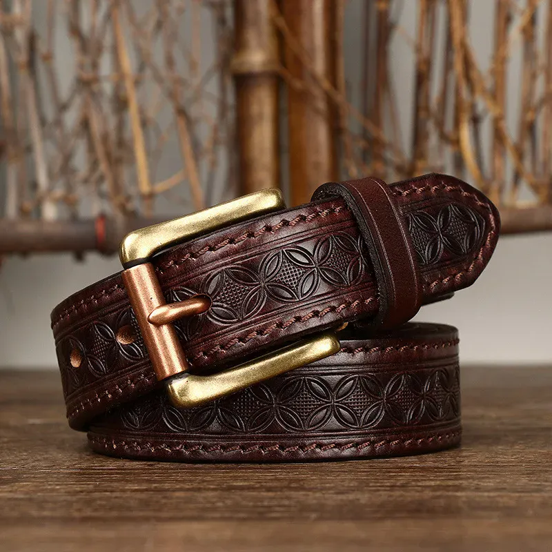 Leather Cowhide Belt with Copper Buckle for Men Genuine cowhide leather belt with vintage copper buckle, stylish and durable for men's fashion.