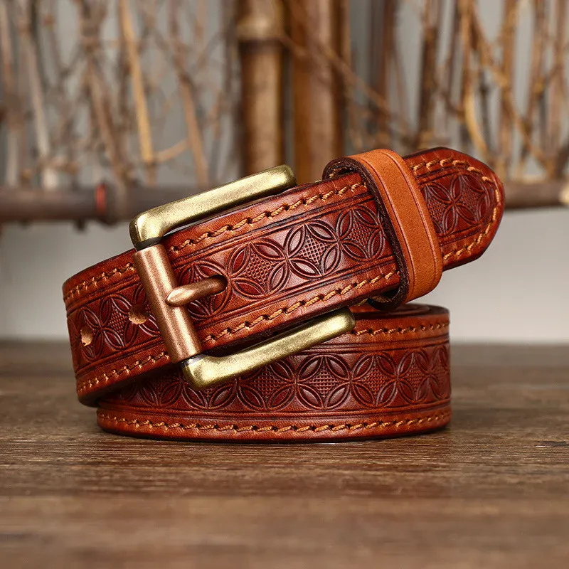 Leather Cowhide Belt with Copper Buckle for Men Leather cowhide belt with vintage copper buckle, soft genuine cowskin, stylish and durable for men's.