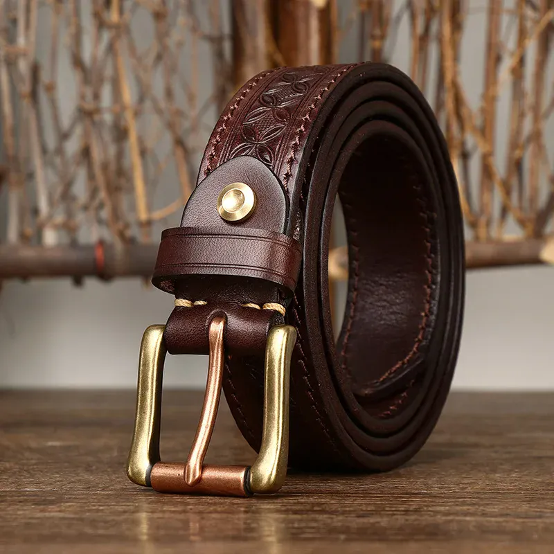 Leather Cowhide Belt with Copper Buckle for Men High-quality genuine cowhide leather belt with vintage copper buckle, stylish and durable for men's.