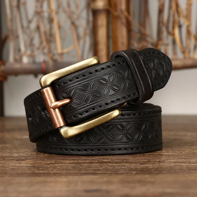 Black Cowhide Leather Belt with Copper Buckle for Men Genuine black cowhide leather belt with vintage copper buckle, stylish and durable for men's fashion.