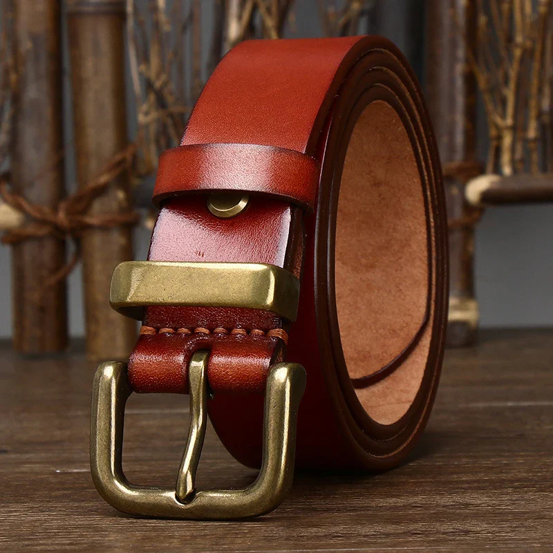 Leather Belt with Copper Buckle for Men Genuine cowhide leather men's belt with retro copper buckle, perfect for jeans and casual wear.