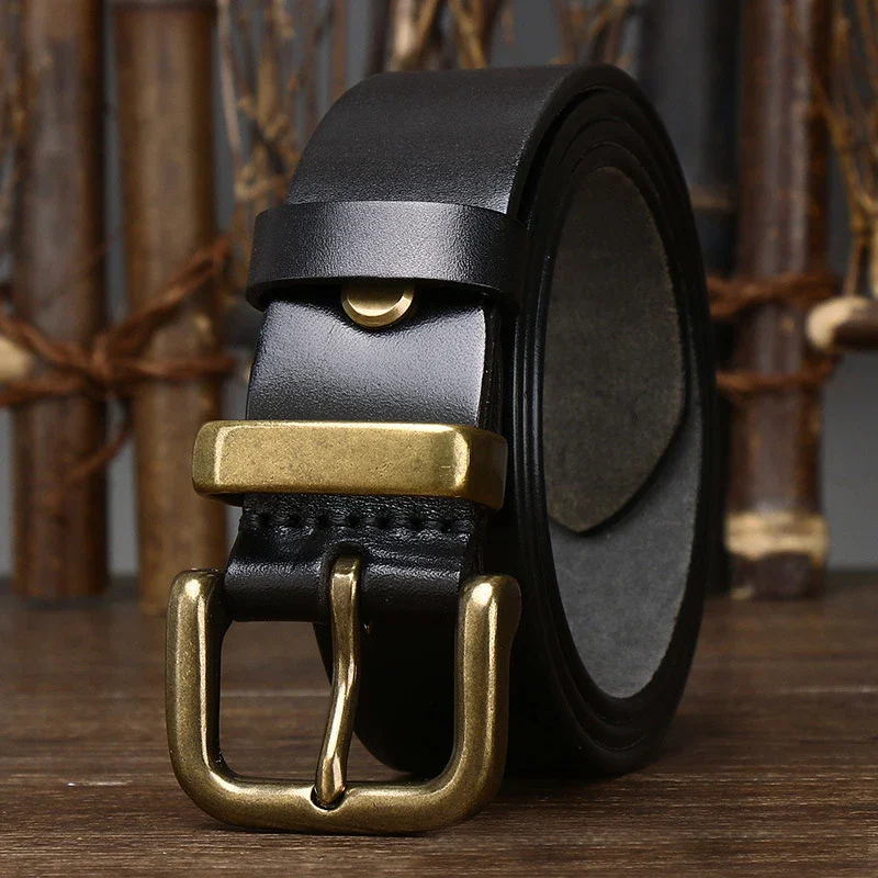 Leather Belt with Copper Buckle for Men Men's genuine leather belt with retro copper buckle, perfect for jeans and casual wear. High-quality.