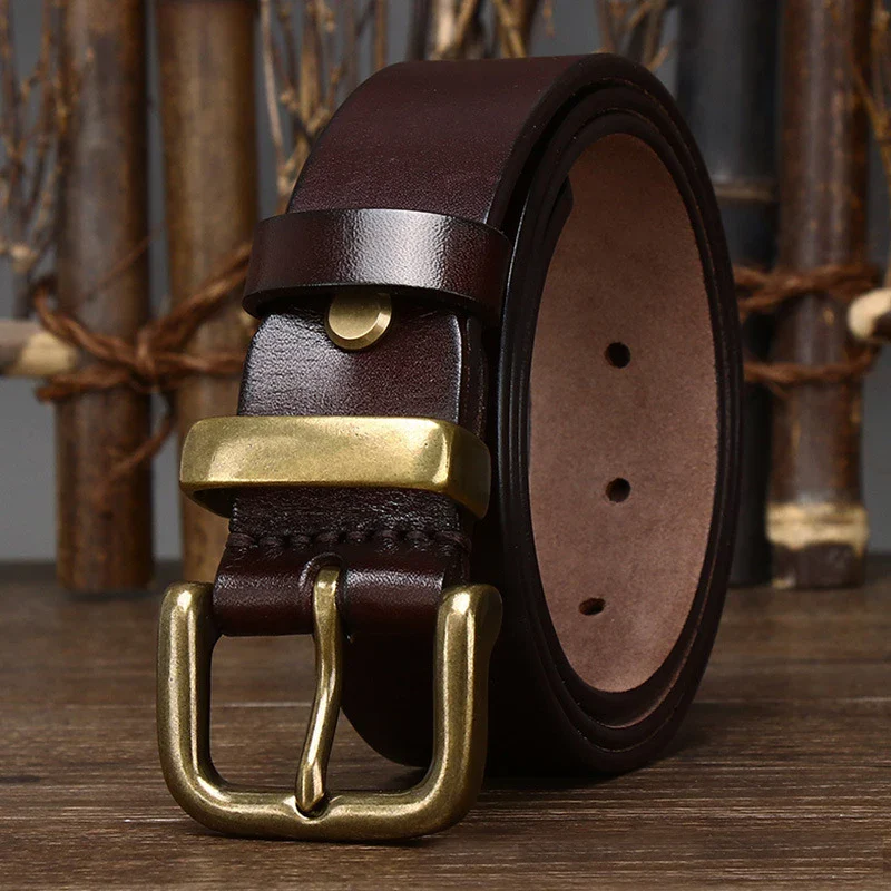 Leather Belt with Copper Buckle for Men Leather belt with vintage copper buckle, perfect for jeans and casual wear. Made from genuine cowhid.
