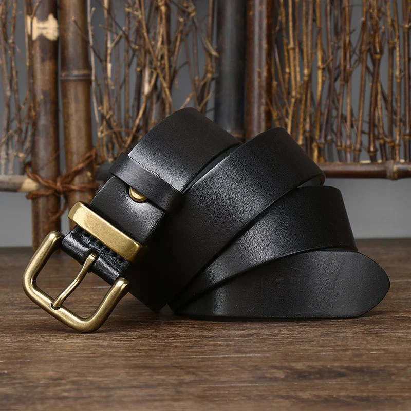 Men’s genuine leather belt with brass buckle for jeans and casual wear. Men's genuine leather belt with brass buckle for jeans and casual wear.