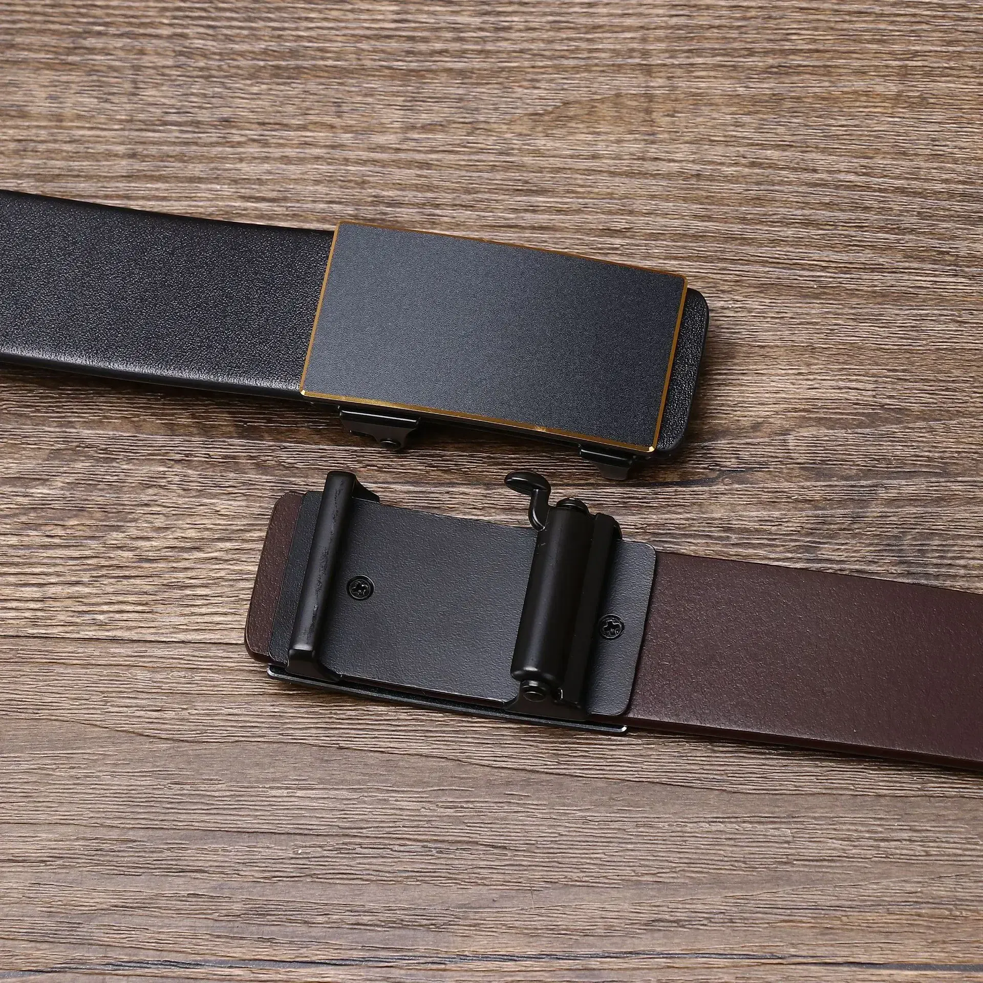Ghost-Track Hidden-Tail Toothless Ratchet Belt Stylish black and brown ratchet belts with hidden tail design for secure fit.