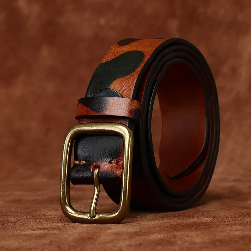 Leather Camouflage Belt for Men High-quality genuine cowhide leather belt with brass buckle, camouflage design, perfect for jeans an.