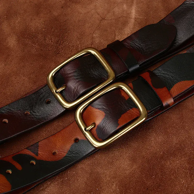 Leather Belt with Brass Buckle for Men High-quality genuine leather belt with brass buckle, camouflage design, perfect for jeans and casual.