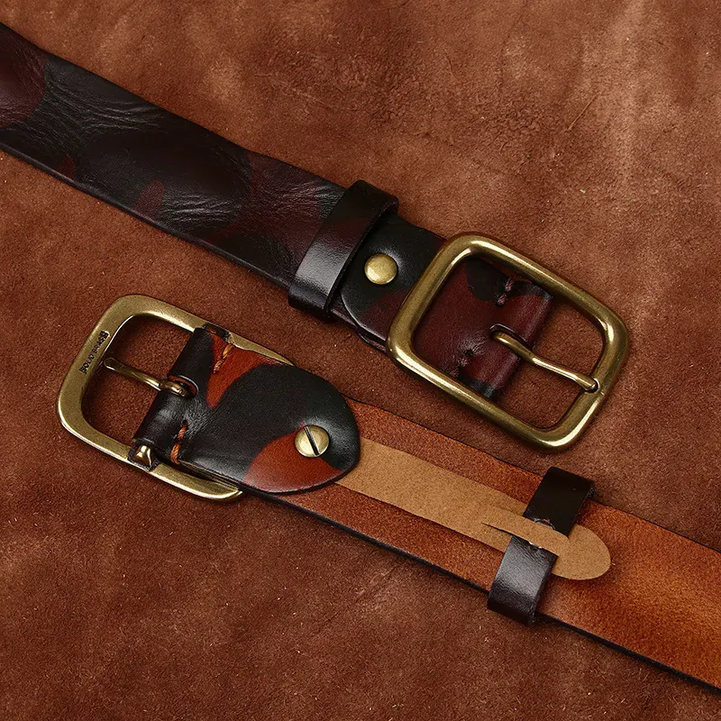 Leather Belt with Brass Buckle for Men, Camouflage Design High-quality genuine leather belt featuring a brass buckle, perfect for casual and cowboy styles. Du.
