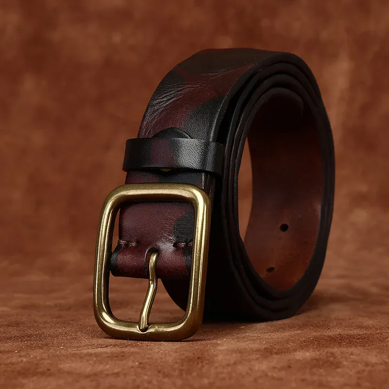 Leather Belt with Brass Buckle for Men Leather belt with brass buckle, high-quality genuine cowhide, camouflage design, perfect for jeans a.