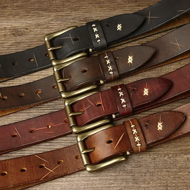 Leather Belt with Brass Pin Buckle – Multiple Colors High-quality genuine leather belt with vintage brass buckle, perfect for men’s jeans and casual wear.