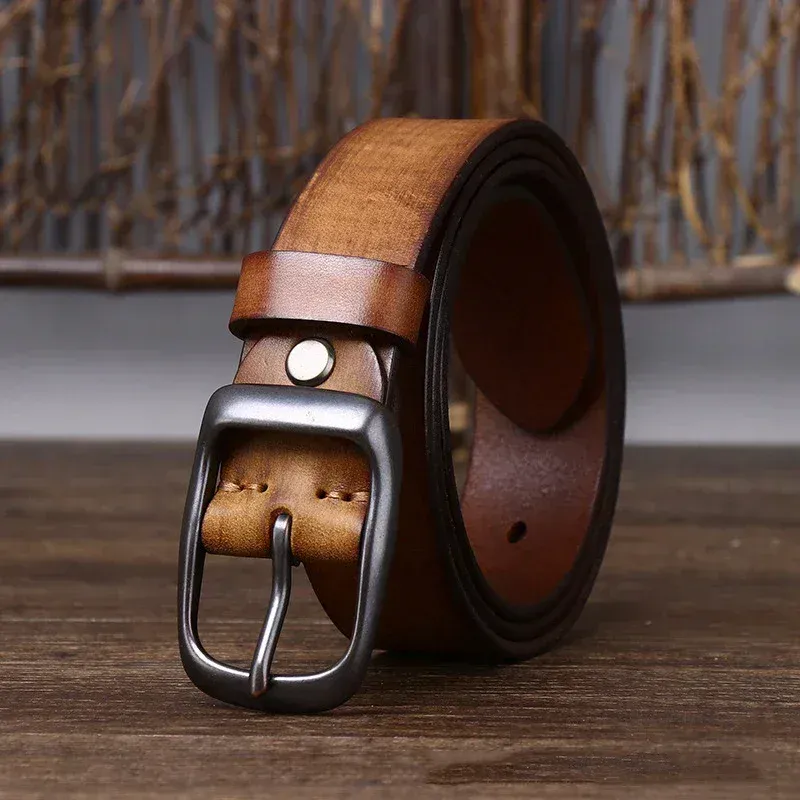 Leather Cowboy Belt with Brass Buckle for Men Leather cowboy belt with brass buckle, high-quality genuine cowhide, perfect for men's fashion and j.