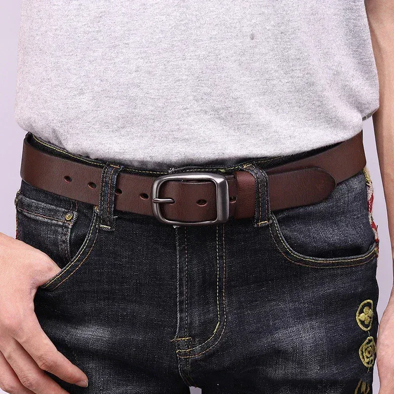 Leather Belt for Men’s High-Quality Cowboy Jeans with Brass Buckle Durable 3.3CM genuine cowhide leather belt with brass buckle, perfect for men's jeans and casual wea.