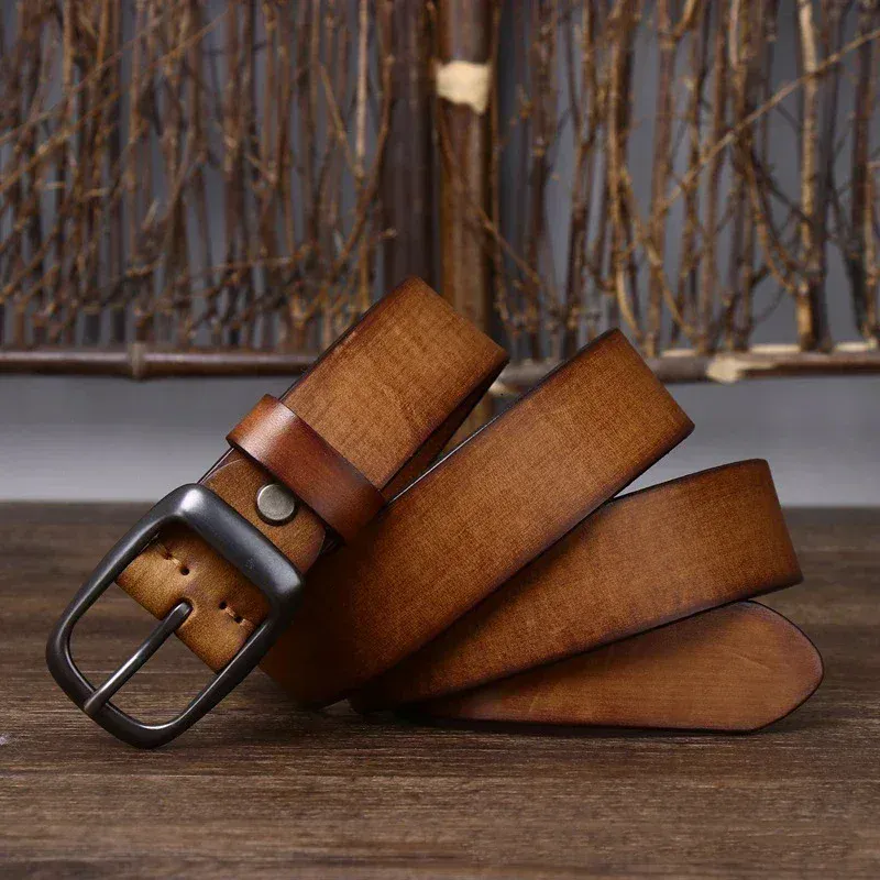 Leather Belt with Brass Buckle for Men Leather belt with brass buckle, high-quality cowhide for men's jeans and casual wear.