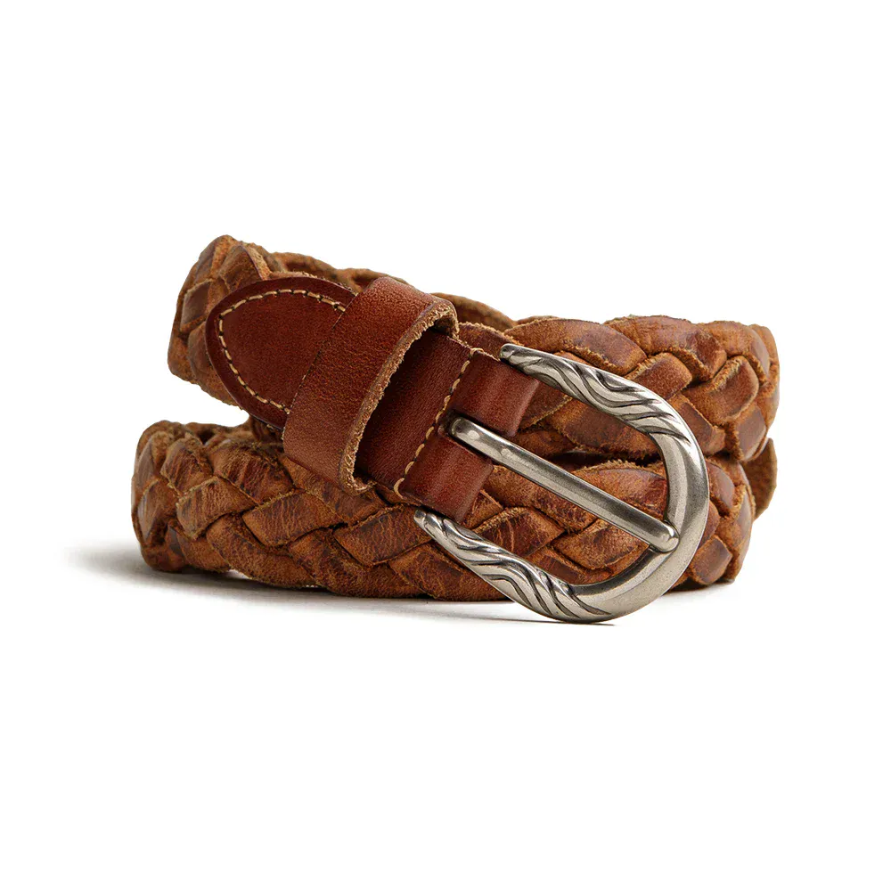 Stylish brown woven leather belt with metal buckle for men.