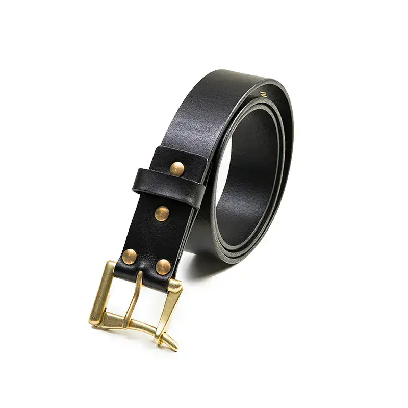 Elegant black leather belt with a polished gold buckle, perfect for formal and casual outfits.