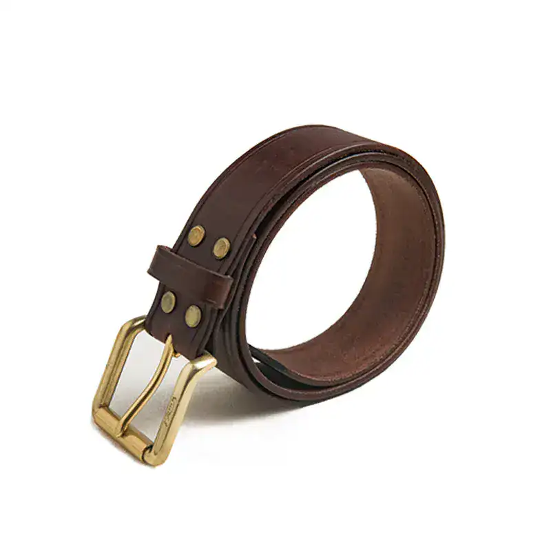 Classic brown leather belt with gold buckle, perfect for men's formal wear.