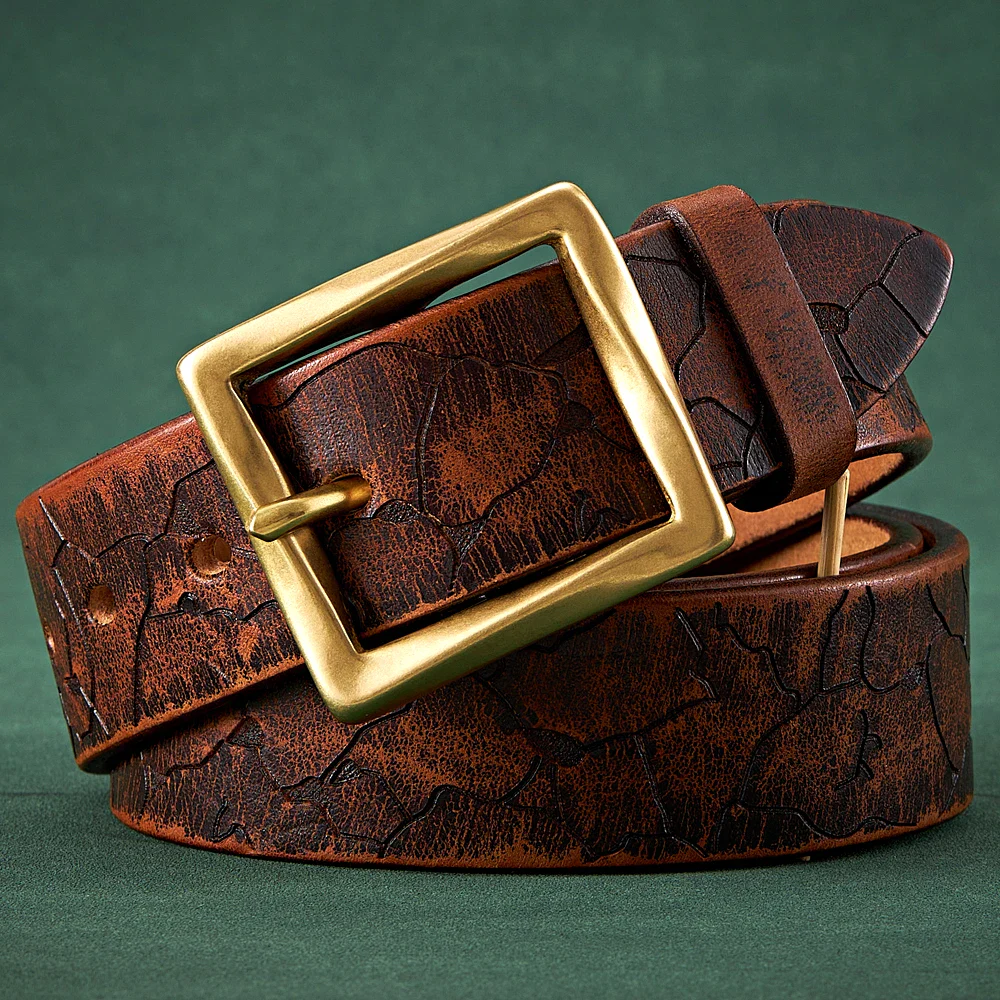 Leather belt with cracked vintage finish and gold buckle for men’s fashion. Leather belt with cracked vintage finish and gold buckle for men's fashion.