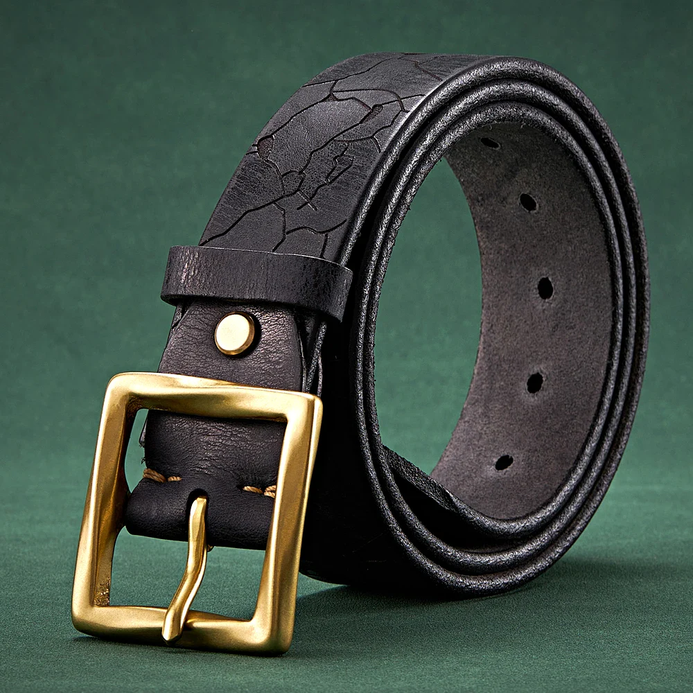Retro Ice Cracked Leather Belt for Men, 3.8CM Width Retro ice cracked leather men's belt with gold buckle, stylish and durable accessory for youth jeans.