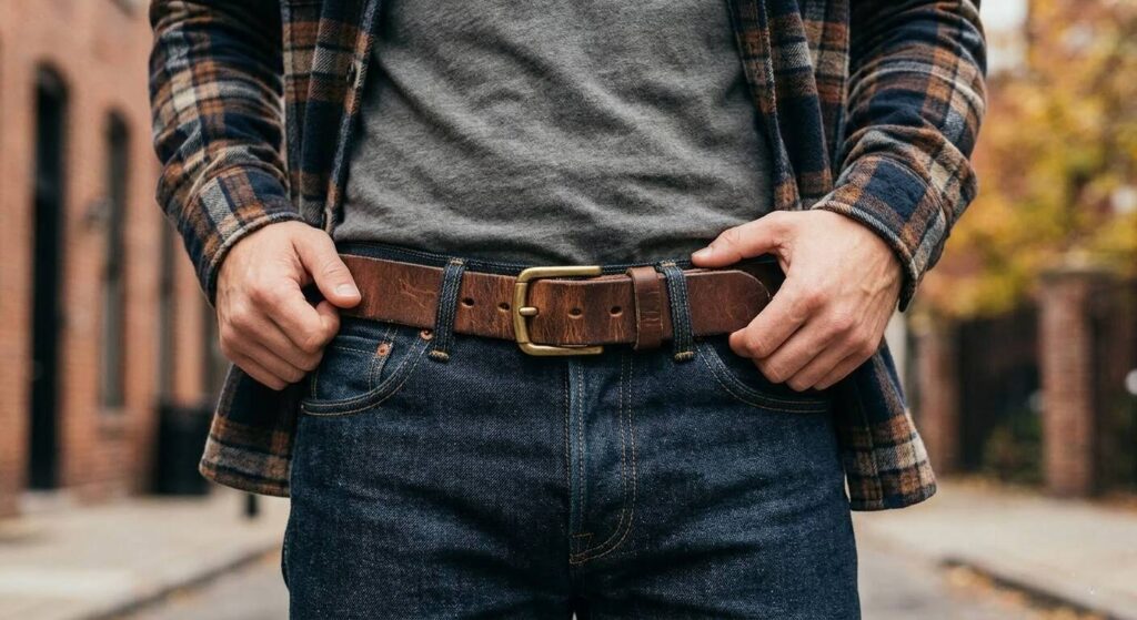 Men wearing casual brown leather belt with jeans and plaid shirt.