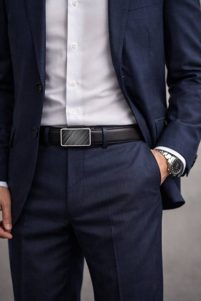 Close-up of a man wearing a navy suit, white shirt, and stylish ratchet belt.