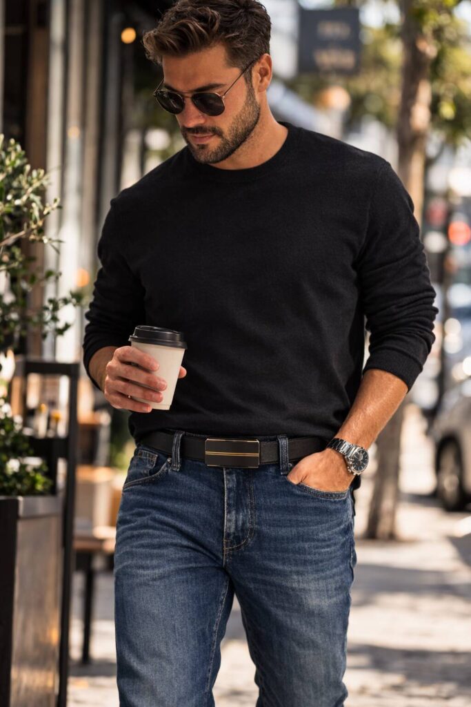 Man wearing a black sweater and blue jeans with a modern ratchet belt, holding a coffee cup on a cit.