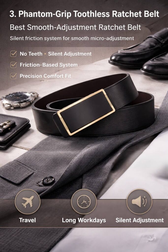 Stylish men's leather ratchet belt with gold buckle, perfect for a modern, precise fit.