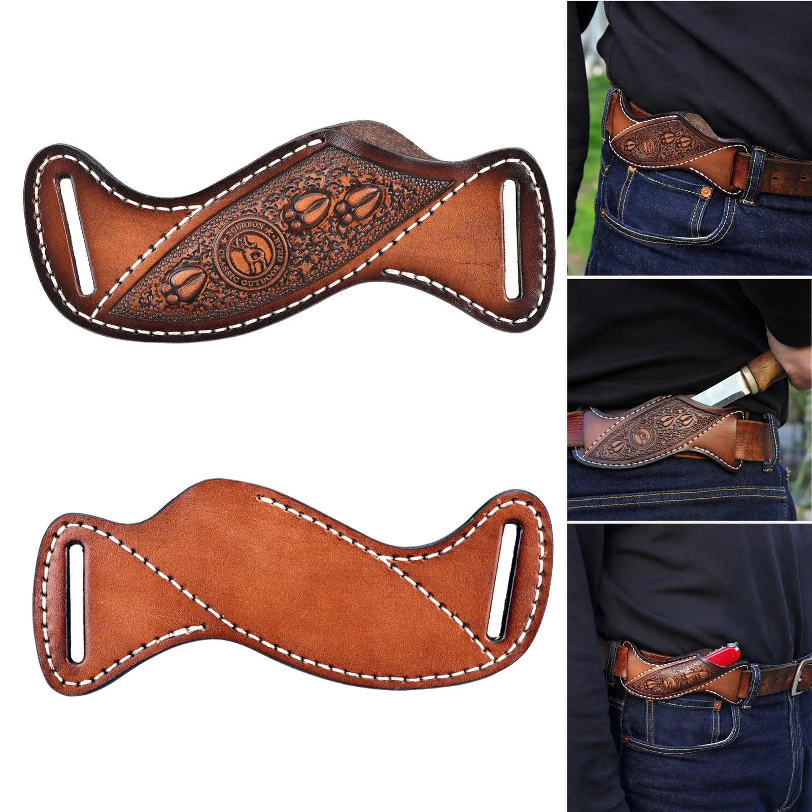 Leather gun holster with intricate embossing for concealed carry. Leather gun holster with detailed embossing, suitable for concealed carry and outdoor use.