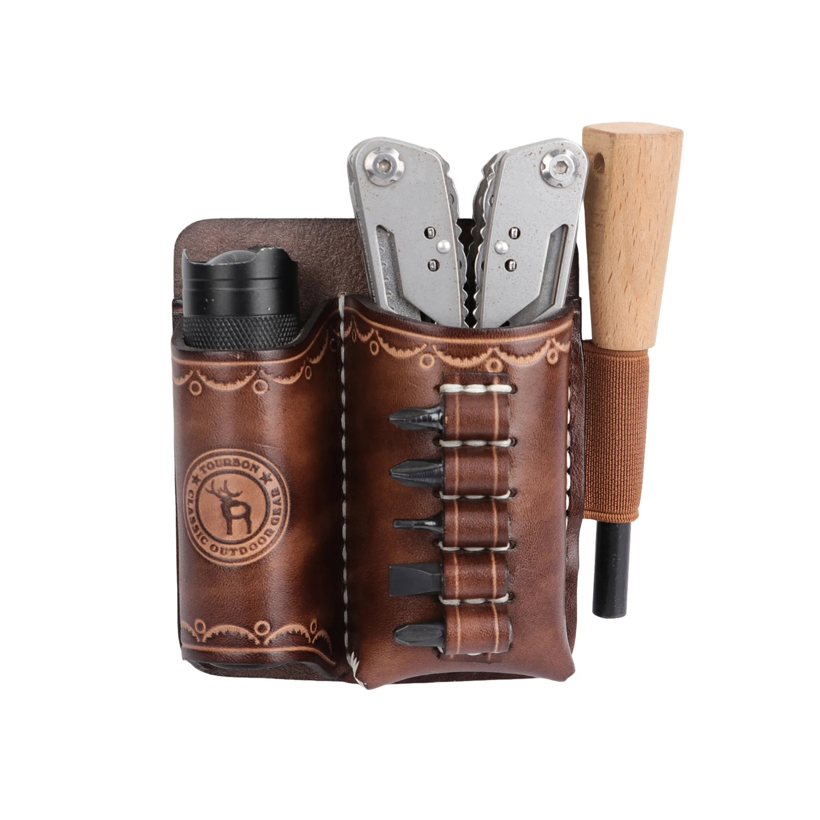 Camping multi-tool with leather pouch and accessories Versatile camping multi-tool with leather pouch, including knife, corkscrew, and screwdriver for out.