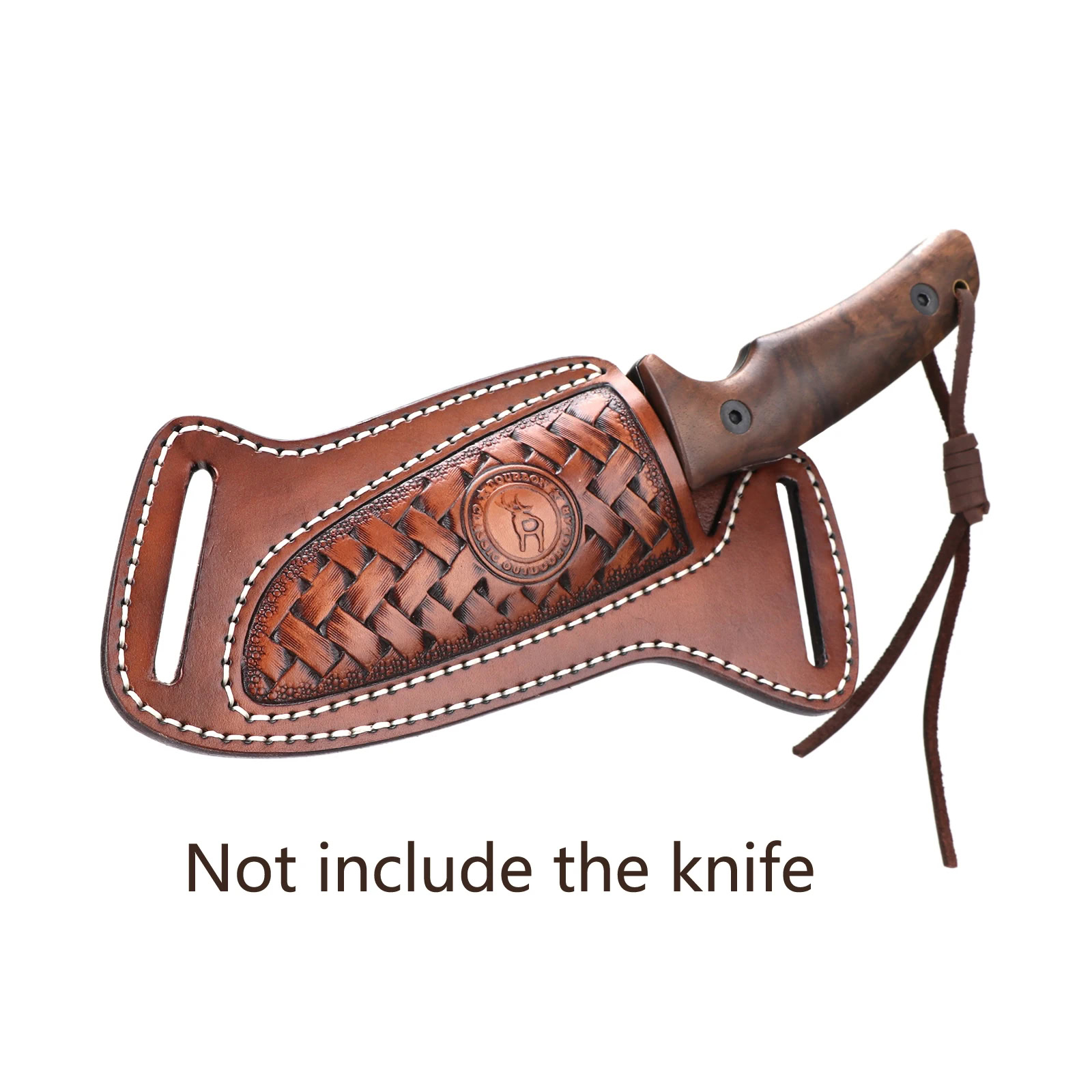 Knife with leather sheath and braided design, not including the knife itself. Leather knife sheath with braided pattern and secure fit.