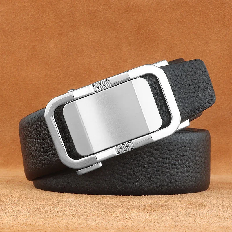 Belt with Modern Buckle for Men Stylish men's leather belt with glossy automatic buckle, luxury design, perfect for formal and casua.